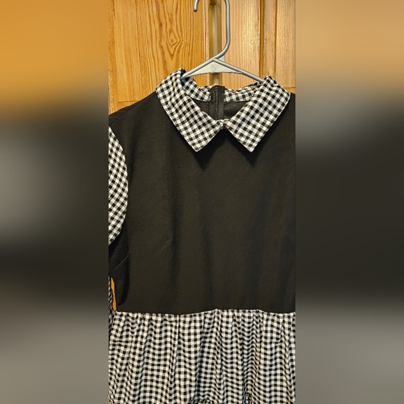 Blk & White Gingham Mini Long Sleeve Dress Zip Up Back Size Small - Picture 2 of 4
